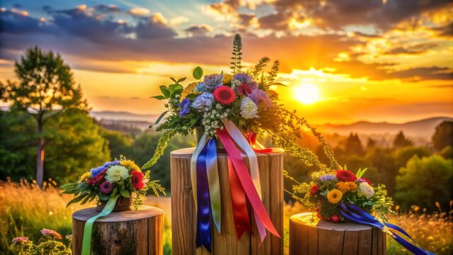Vibrant winner ribbons entwined with delicate flowers and lush greenery on a wooden podium against a serene sunset landscape backdrop.