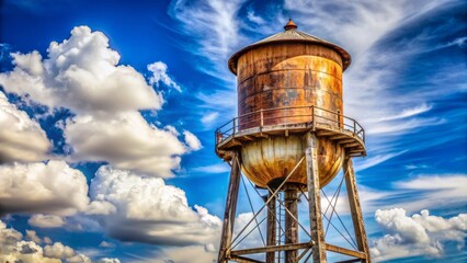 Rustic water tower logo with vintage rivets and worn paint against a bright blue sunny sky with puffy clouds.