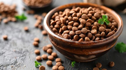 A bowl of dog food with a green leaf on top