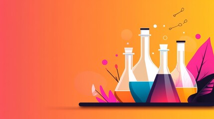 Vibrant Chemistry: A captivating illustration of laboratory flasks brimming with colorful liquids, set against a backdrop of abstract shapes and a warm gradient, evokes the excitement of scientific di