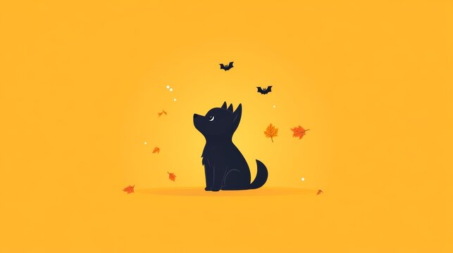 Spooky Pup's Autumn Night: A lone black dog sits beneath a shower of falling leaves as bats flutter in the twilight, capturing the charm and spookiness of Halloween.