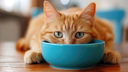 A cat is looking into a blue bowl