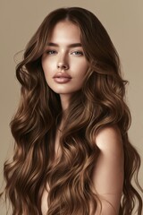 Naklejka premium A woman with long wavy brown hair is posing for a picture