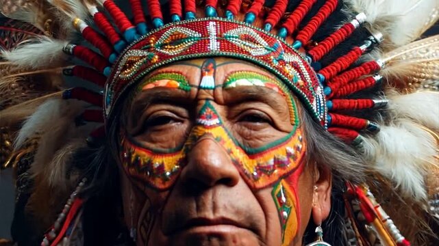 Adorned in ornate cultural jewelry, a Native American man stands tall in a studio portrait, symbolizing pride and reverence for his heritage.