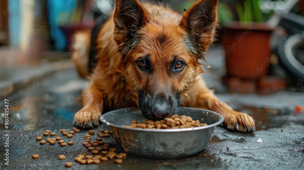 Wall mural a dog is eating food from a bowl