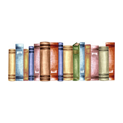 Books in vintage bindings, lined up horizontally. Composition with old textbooks. Hand drawn watercolor illustration isolated. Knowledge for all. Education concept. Clipart for card, website, print.