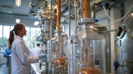 A woman in a lab coat is working with a group of scientists