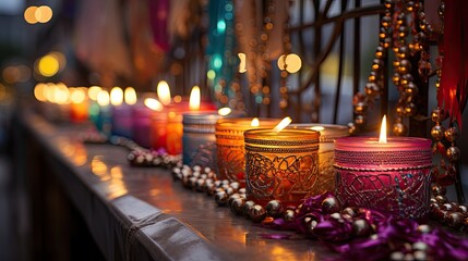 Balcony with burning candles and other decorations on a bright bokeh background  