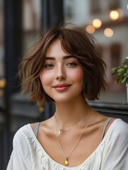 A woman wearing a white top and a gold necklace
