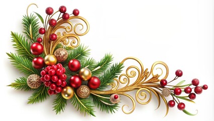 Festive holiday decor adorned with elegant swirling patterns, red berries, and golden accents on christmas border corner, isolated on white background.