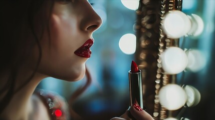 A woman holding a red lipstick in front of a mirror
