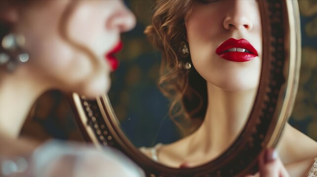 A woman with red lipstick looking at herself in a mirror