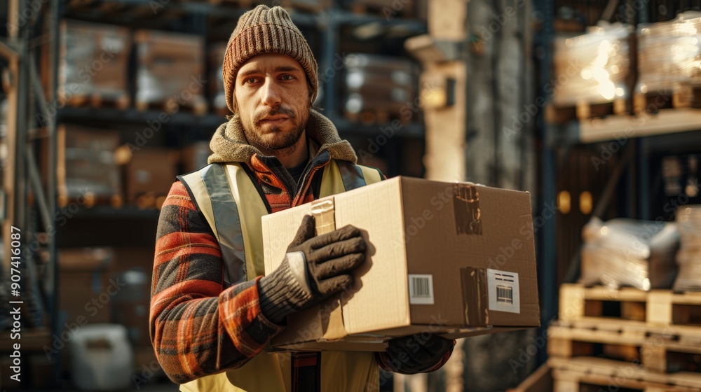 Poster warehouse worker carefully handling package during daytime operations in busy distribution center. g