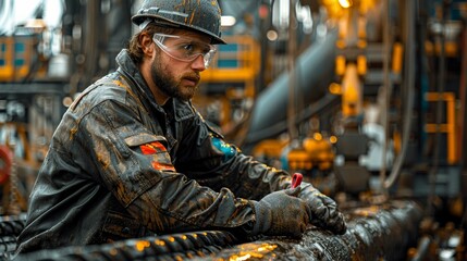 Oil Worker Examining Equipment in Offshore Rig During Daylight Operations. Generative AI