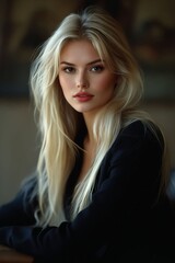 Fototapeta premium A woman with long blonde hair sitting on a couch