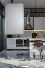 High-end kitchen with a white frame mockup, advanced appliances, and a sleek island.
