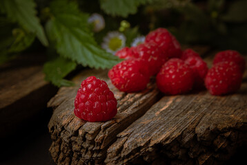 raspberries on a wooden table