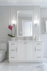 A high-end bathroom featuring a white frame mockup, a stylish vanity, and premium fixtures.