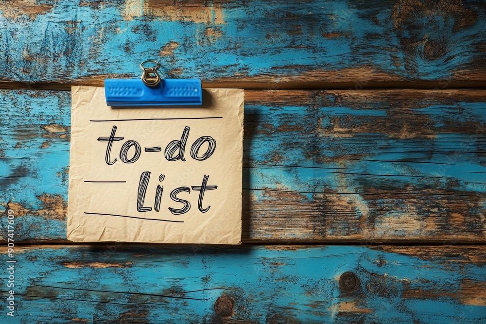 Poster neatly written to-do list on rustic wooden table with realistic lighting - productivity and organiza