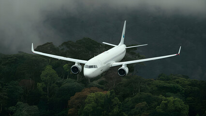 An eco-friendly biofuel concept features a white aircraft soaring above verdant forests, presenting an aerial perspective of the plane and its turbines against a backdrop of a dim, Generated ai