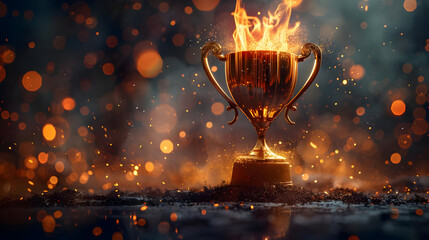 Golden Trophy on Fire with Sparks