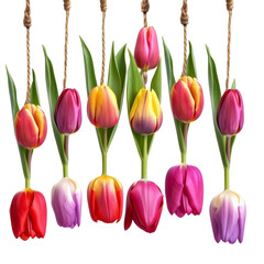 Fototapeta premium Vibrant Hanging Tulips on Ropes - Colorful Floral Arrangement for Home Decor, Garden Inspiration, and Creative Design Ideas