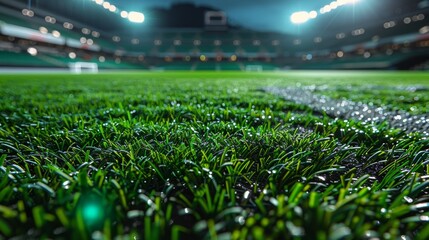 Vibrant Green Grass Covered Soccer Field Illuminated at Night Before a Match. Generative AI