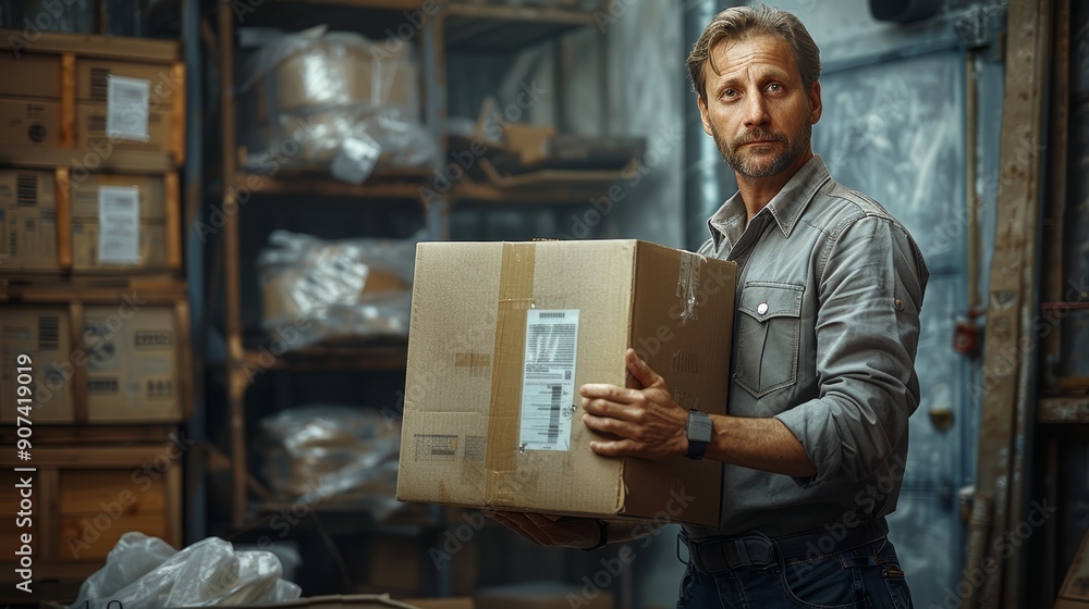 Poster man carrying package in warehouse during daytime with boxes stacked around. generative ai