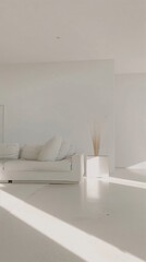 Elegant minimalist living room interior with white sofa and bright sunlight streaming through, illuminating the space warmly.