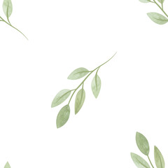 Cute spring soft green twigs with leaves in sketch style. Seamless watercolor pattern for fabric, wallpaper, wrapping paper, packaging cosmetics, tablecloths, curtains and home textiles.