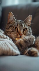 Portrait of european shorthair cat lying on sofa at home