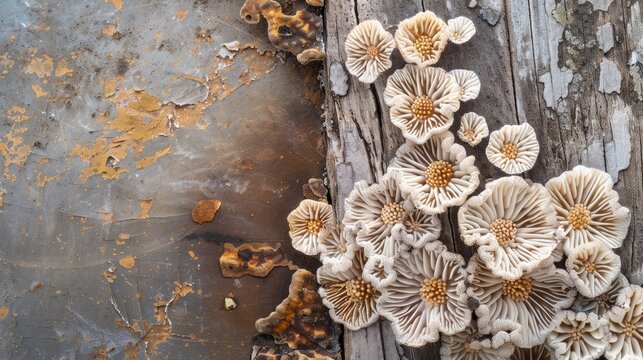 Schizophyllum commune thriving on aged wood or tree trunk Ideal for educational scientific articles with space for text