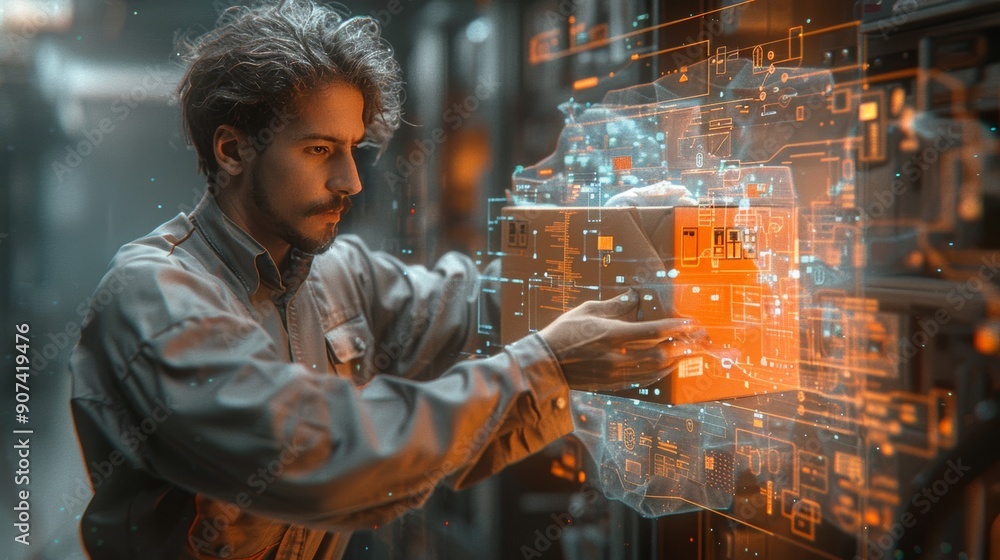 Poster young technician interacting with advanced holographic technology in a high-tech environment. genera
