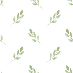 Cute spring soft green twigs with leaves in sketch style. Seamless watercolor pattern for fabric, wallpaper, wrapping paper, packaging cosmetics, tablecloths, curtains and home textiles.
