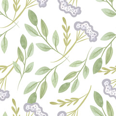 White oregano and soft green branches with leaves. Seamless watercolor pattern for fabric, wallpaper, wrapping paper, packaging cosmetics, tablecloths, curtains and home textiles.