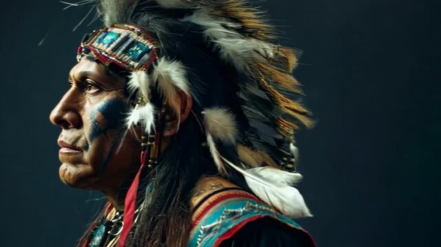 Adorned in ornate cultural jewelry, a Native American man stands tall in a studio portrait, symbolizing pride and reverence for his heritage.