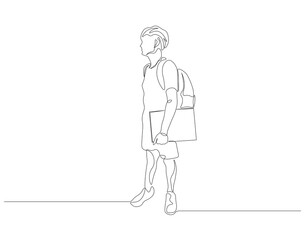 Continuous one line drawing of school student with bag backpack. One line drawing illustration of student carrying backpack. Back to school concept line art. Editable outline.