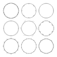 Set Abstract Collection Black Simple Line Round Circle With Leaf Leaves Frame Flowers Doodle Outline Element Vector Design Style Sketch Isolated Illustration For Wedding And Banner
