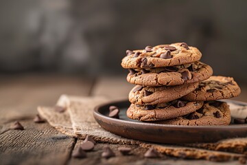 Stack of freshly baked chocolate chip cookies on rustic plate, surrounded by scattered chocolate chips on wooden table.