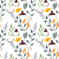 Herb tea. Melissa, mint, glassware, leaves and lemon slices. Seamless watercolor pattern for fabric, wallpaper, wrapping paper, packaging cosmetics, tablecloths, curtains and home textiles.
