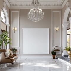 Opulent entry space with a white frame mockup, a decorative chandelier, and refined decor.