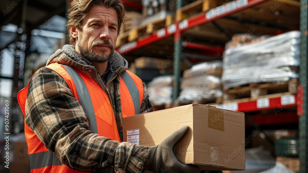 Poster warehouse worker lifting cardboard box in distribution center during daylight hours. generative ai