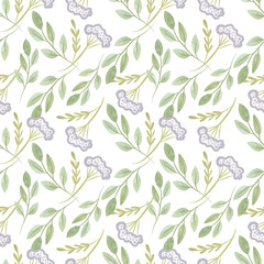 White oregano and soft green branches with leaves. Seamless watercolor pattern for fabric, wallpaper, wrapping paper, packaging cosmetics, tablecloths, curtains and home textiles.