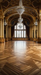 Fototapeta premium Ballroom interior, beautiful banquet hall in royal medieval castle with curtains, Empty room for ceremony and events 