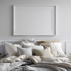 Modern bedroom featuring a white frame mockup above a sleek bed with high-end linens.