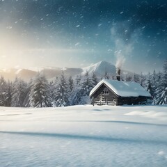 Fototapeta premium A pristine snowy landscape with gently falling snowflakes, a blanket of fresh snow covering the ground, and a cozy cabin withsmoke rising from the chimney in the distance