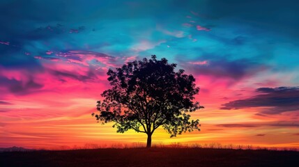 Obraz premium Majestic Tree Silhouette Against a Vibrant Sunset Sky