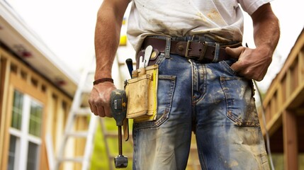 Worker wearing a tool belt, in action on a home improvement project