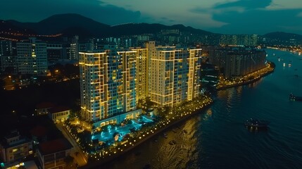 Fototapeta premium Panoramic night cityscape featuring brightly illuminated buildings with glowing windows