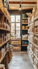 Obraz premium Warm and inviting organic bulk food store interior with neatly arranged shelves of various food items and sunlight streaming in.
